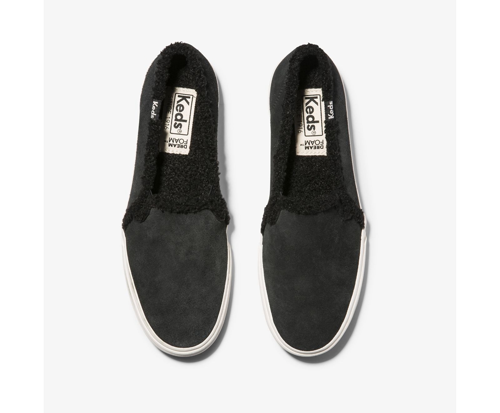 Slip Ons Keds Femme Noir - Double Decker Suede Faux Shearling - 105-XFHSAU